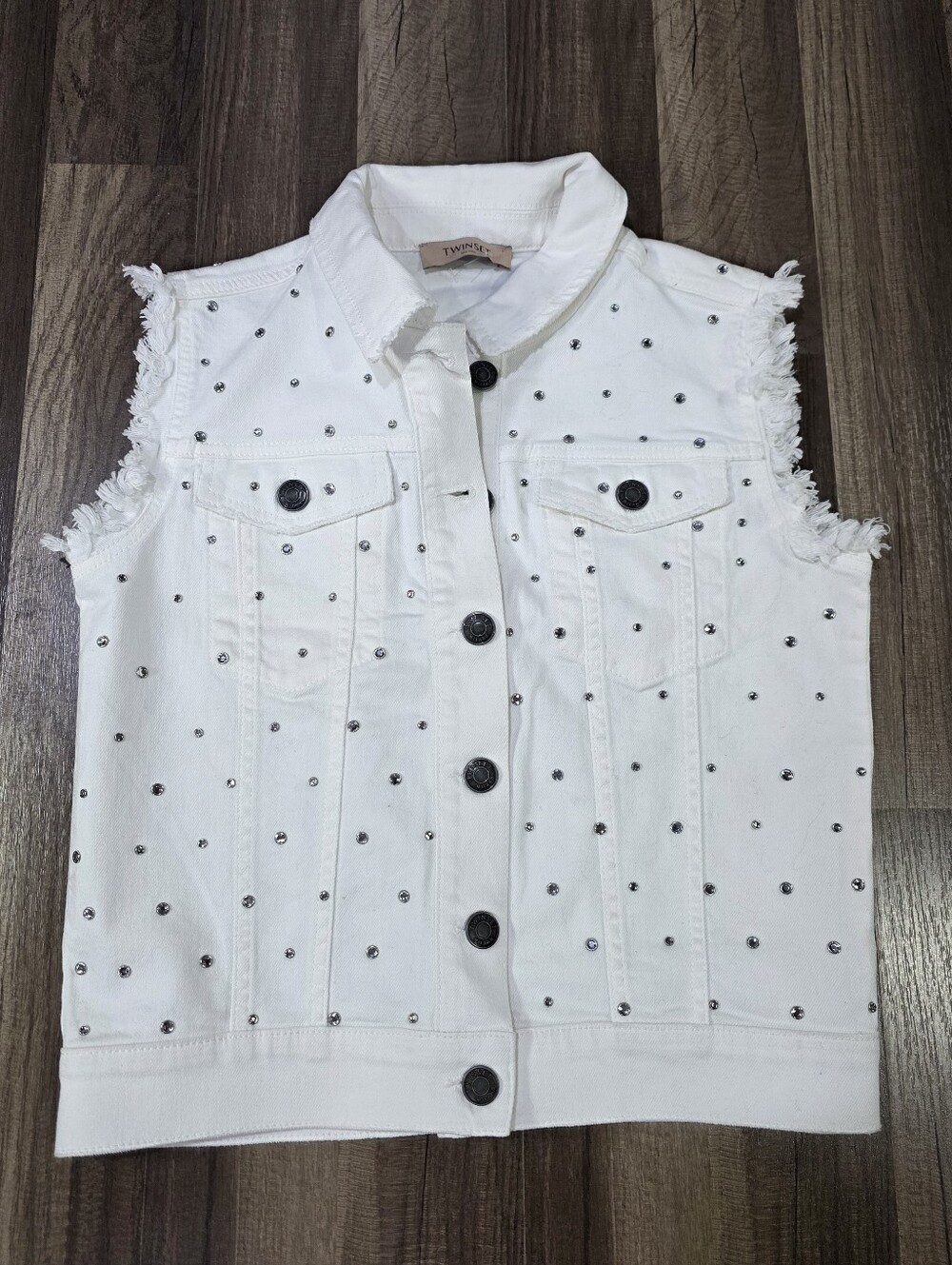 Twinset Milano White Studded Denim Vest Frayed Edgy Glam Rockstar Girlfriend. S